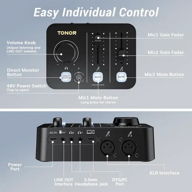 Alt view image 4 of 7 - Podcast Equipment Bundle for 2, Audio Mixer with 2 Dynamic Microphone and 2 Boom Arm Set, XLR Mic with Studio Audio Interface, All-in-One Pack for Podcasting, Recording, Youtube, Tiktok, POD-2