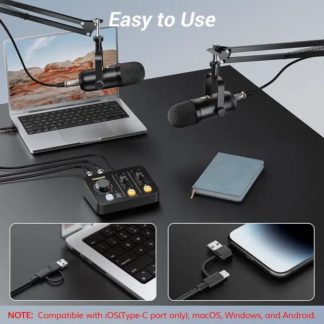 Alt view image 2 of 7 - Podcast Equipment Bundle for 2, Audio Mixer with 2 Dynamic Microphone and 2 Boom Arm Set, XLR Mic with Studio Audio Interface, All-in-One Pack for Podcasting, Recording, Youtube, Tiktok, POD-2