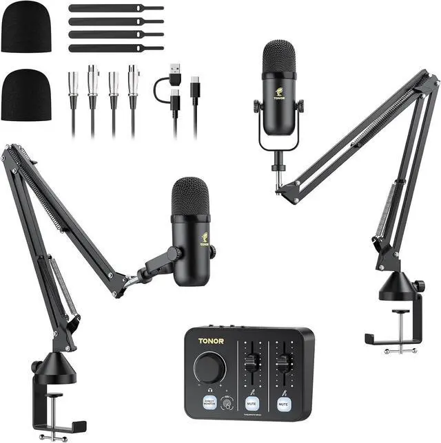 Main image of Podcast Equipment Bundle for 2, Audio Mixer with 2 Dynamic Microphone and 2 Boom Arm Set, XLR Mic with Studio Audio Interface, All-in-One Pack for Podcasting, Recording, Youtube, Tiktok, POD-2