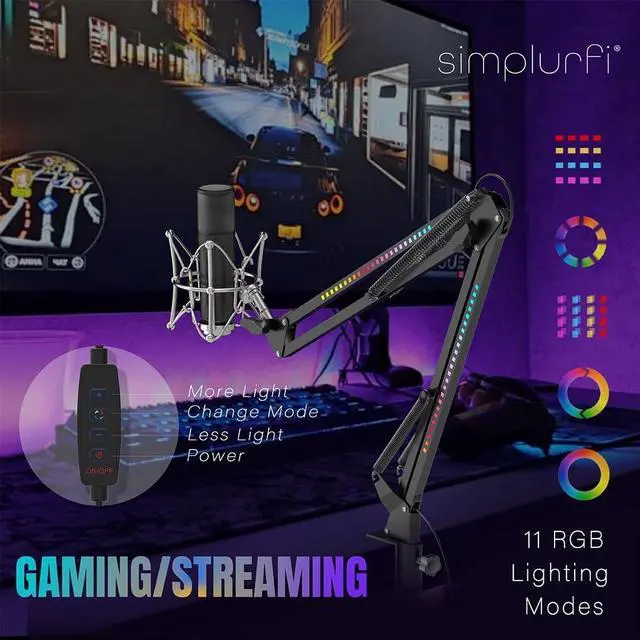 Alt view image 2 of 6 - RGB Boom Arm, Adjustable Mic Stand with Desk Mount Clamp and Mic Clip, Compatible with HyperX Quadcast, Blue Yeti, Rode, Shure SM78 for Streaming, Gaming, Youtube Recording (black)