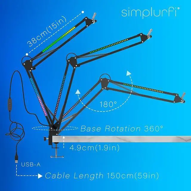 Alt view image 3 of 6 - RGB Boom Arm, Adjustable Mic Stand with Desk Mount Clamp and Mic Clip, Compatible with HyperX Quadcast, Blue Yeti, Rode, Shure SM78 for Streaming, Gaming, Youtube Recording (black)