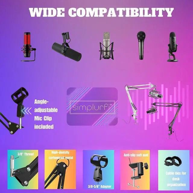 Alt view image 4 of 6 - RGB Boom Arm, Adjustable Mic Stand with Desk Mount Clamp and Mic Clip, Compatible with HyperX Quadcast, Blue Yeti, Rode, Shure SM78 for Streaming, Gaming, Youtube Recording (black)