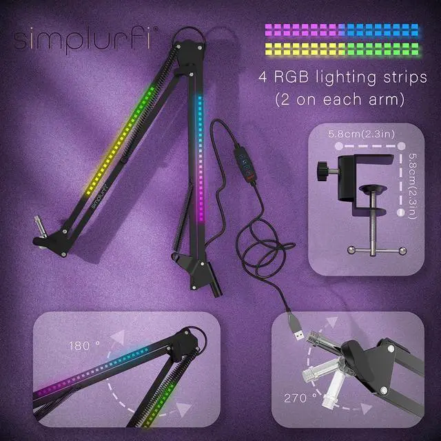 Alt view image 5 of 6 - RGB Boom Arm, Adjustable Mic Stand with Desk Mount Clamp and Mic Clip, Compatible with HyperX Quadcast, Blue Yeti, Rode, Shure SM78 for Streaming, Gaming, Youtube Recording (black)