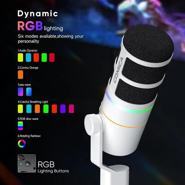 Alt view image 4 of 7 - EJoy D10 PRO(A) USB Wireless Gaming Microphone  Boom Arm Mic with Wired/Wireless Modes, XLR/USB-C, Real-Time Monitoring, 45H Battery, RGB Dynamic Mic for Gaming, Streaming, Podcast, Recording (White)