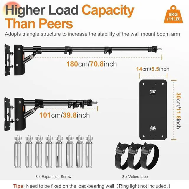 Alt view image 2 of 6 - Ring Light Wall Mount - 70.8in/180cm,  Wall Mount Triangle Boom Arm Support 180° Flexible Rotation, Adjustable Right Light Mount for Photography, Umbrella, Monolight, Strobe Light, Softbox