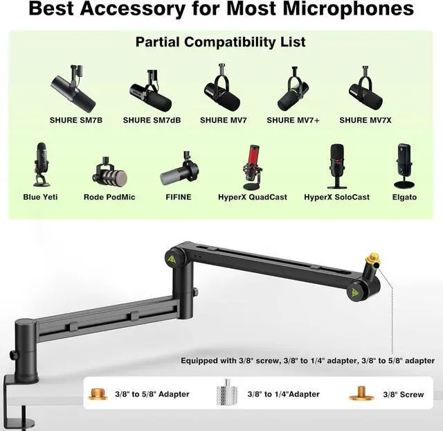 Alt view image 2 of 7 - Low Profile Boom Arm (Design for Heavy Mic) 6.6lbs Load Capacity, Stable Gear Lock Structure Never Sags, Metal Microphone Stand Desk Mount for Shure SM7B MV7+, Blue Yeti,Rode PodMic