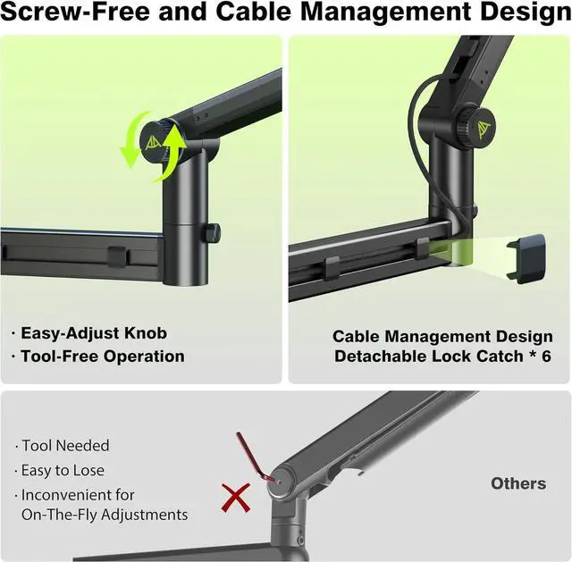 Alt view image 5 of 7 - Low Profile Boom Arm (Design for Heavy Mic) 6.6lbs Load Capacity, Stable Gear Lock Structure Never Sags, Metal Microphone Stand Desk Mount for Shure SM7B MV7+, Blue Yeti,Rode PodMic
