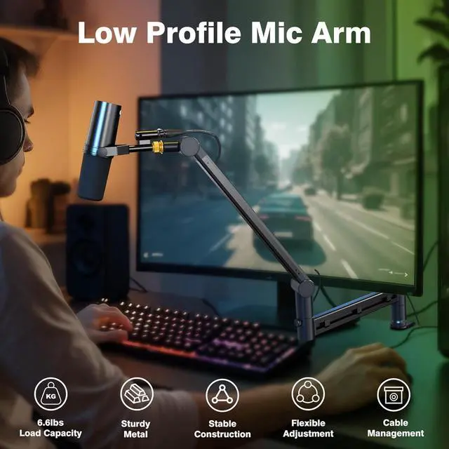 Alt view image 7 of 7 - Low Profile Boom Arm (Design for Heavy Mic) 6.6lbs Load Capacity, Stable Gear Lock Structure Never Sags, Metal Microphone Stand Desk Mount for Shure SM7B MV7+, Blue Yeti,Rode PodMic