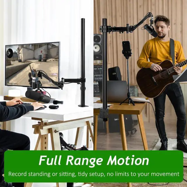 Alt view image 3 of 7 - Mic Boom Arm, Adjustable Height Overhead Microphone Stand with Heightened Extension Riser for Shure SM7B Blue Yeti HyperX QuadCast S and other Mic