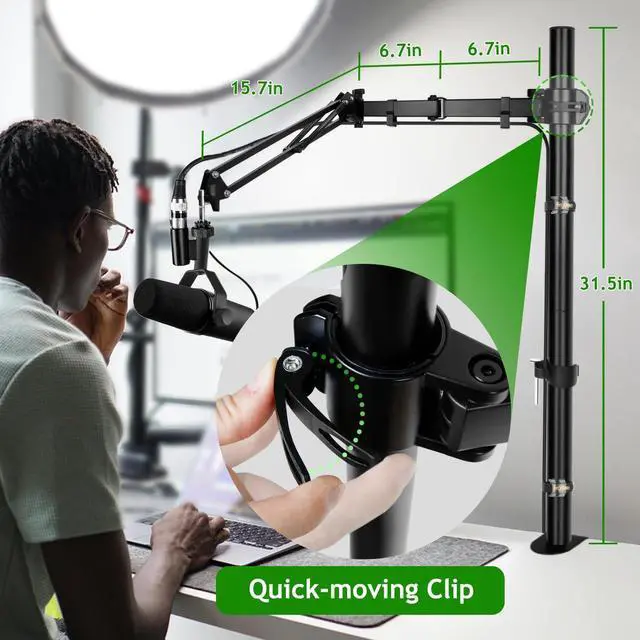 Alt view image 4 of 7 - Mic Boom Arm, Adjustable Height Overhead Microphone Stand with Heightened Extension Riser for Shure SM7B Blue Yeti HyperX QuadCast S and other Mic