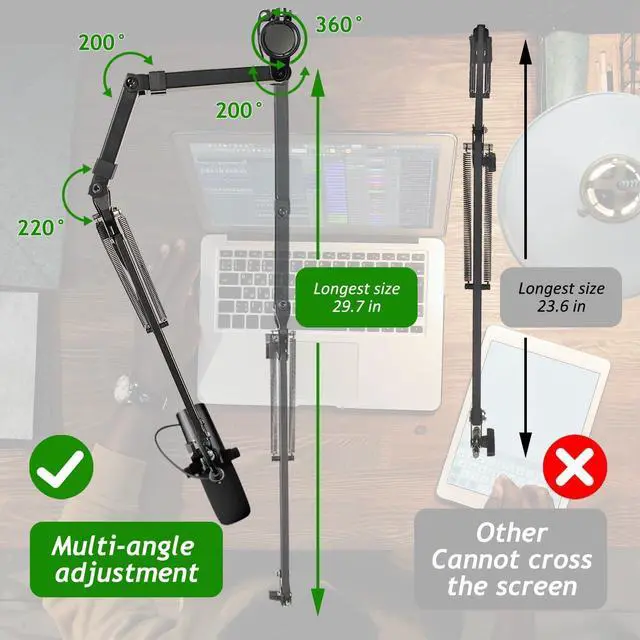 Alt view image 5 of 7 - Mic Boom Arm, Adjustable Height Overhead Microphone Stand with Heightened Extension Riser for Shure SM7B Blue Yeti HyperX QuadCast S and other Mic