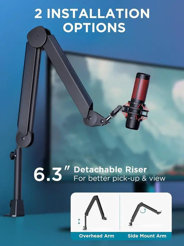 Alt view image 4 of 7 - Mic Boom Arm, Microphone Stand with Cable Management Channels Height Riser for Blue Yeti FIFINE AM8 K669B HyperX QuadCast S SoloCast AT2020 Shure SM7B MV7 and Other Mics