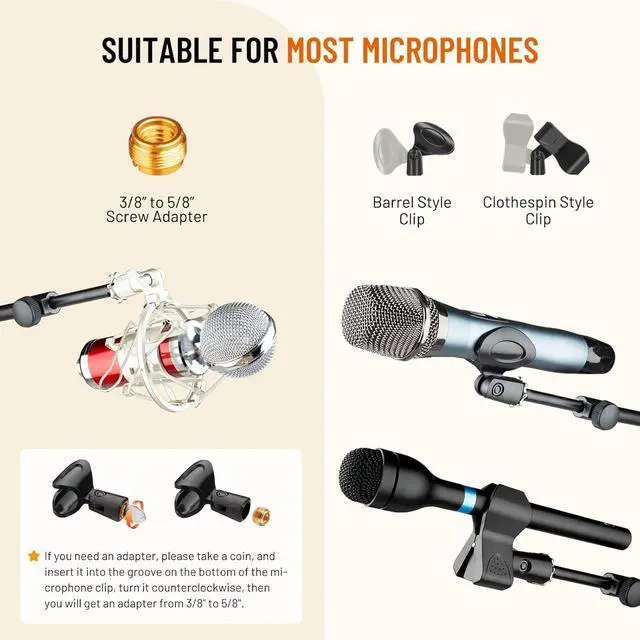 Alt view image 7 of 7 - Tripod Microphone Stand: Boom Arm One-Button Release Floor Mic Stand Portable with Carrying Bag and 2 Mic Clips for Singing Performance Wedding Stage Meeting Live CY0362