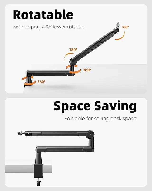 Alt view image 3 of 7 - Mic Stand Desk, Low/High Profile Mic Arm Bear 4.5LBS with Extension Riser, Adjustable All Metal Desk Microphone Stand with Cable Channel, Boom Arm Mic Stand with 3/8'' 5/8'' Interface