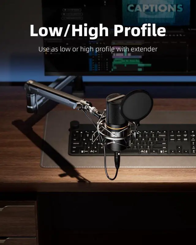 Alt view image 2 of 7 - Mic Stand Desk, Low/High Profile Mic Arm Bear 4.5LBS with Extension Riser, Adjustable All Metal Desk Microphone Stand with Cable Channel, Boom Arm Mic Stand with 3/8'' 5/8'' Interface