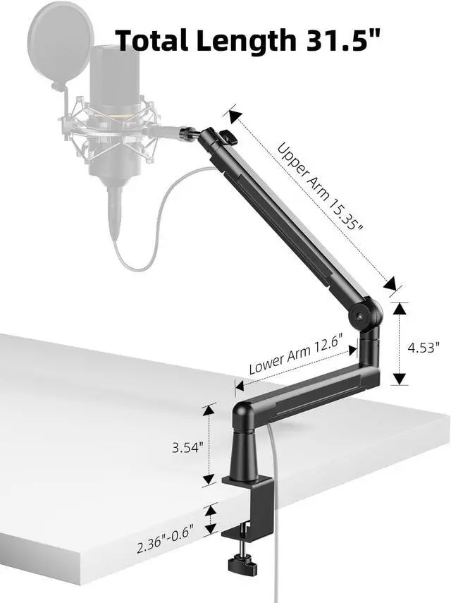 Alt view image 7 of 7 - Mic Stand Desk, Low/High Profile Mic Arm Bear 4.5LBS with Extension Riser, Adjustable All Metal Desk Microphone Stand with Cable Channel, Boom Arm Mic Stand with 3/8'' 5/8'' Interface
