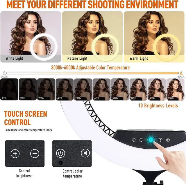 Alt view image 2 of 6 - 21 inch LED Ring Light with Tripod Stand 6000K Dimmable Makeup Selfie Light with Touch Panel Phone Holders for YouTube Vlog Video Shooting Include Carrying Bag and Remote Control CRI>90