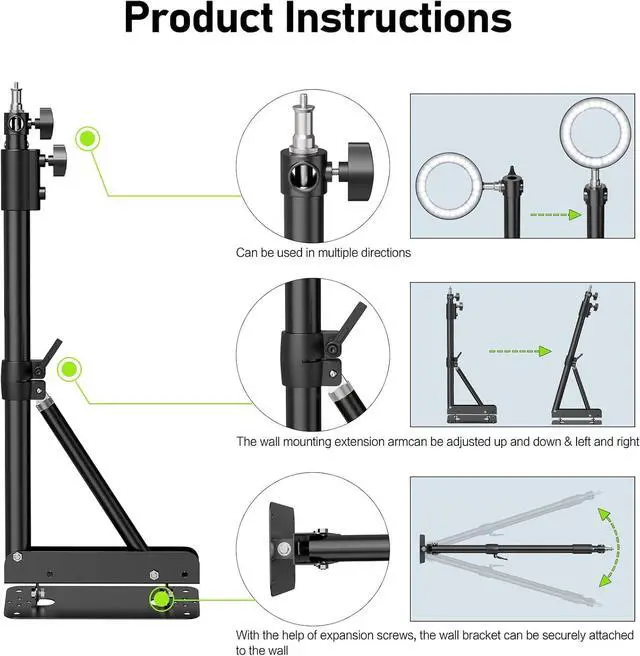 Alt view image 5 of 7 - Ring Light Mount - Wall Mount Triangle Boom Arm 4.3ft/130cm Wall Stand Tirpod Support 180°Flexible Rotation for Studio Video Light, Monolight, Photography, Softbox, Reflector (4.3Ft)
