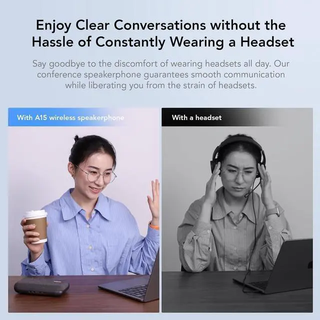 Alt view image 2 of 7 - A15 Conference Speaker and Microphone, Portable Bluetooth Wireless Speakerphone, 360° Noise Cancelling Voice Pickup, Daisy Chian for Calls/Computer/PC/Laptop via Bluetooth/Dongle/USB-A/C Grey