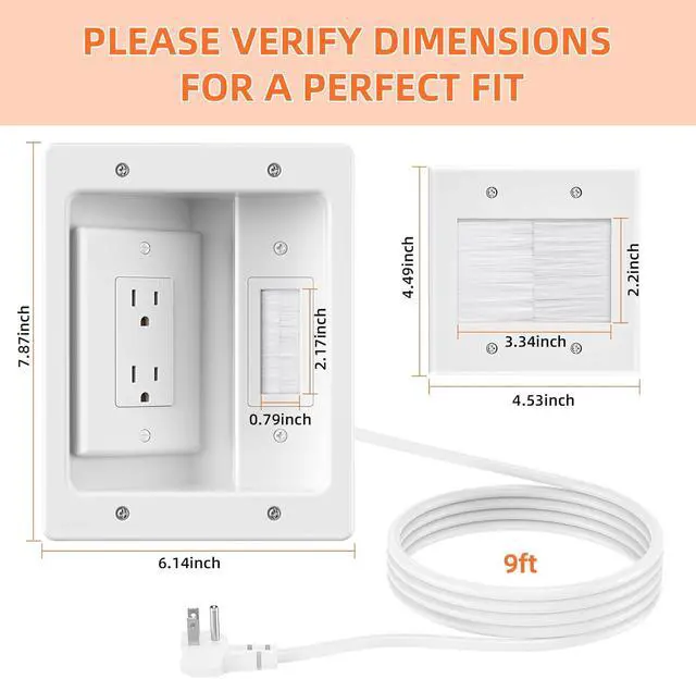 Alt view image 5 of 7 - in Wall Cable Concealer Kit with Brush Wall Plate,Recessed Outlet Box,9ft Cord,2 Gang Pass Through Wire Hider for TV Cable Management,HDMI Cables and Home Theater Systems