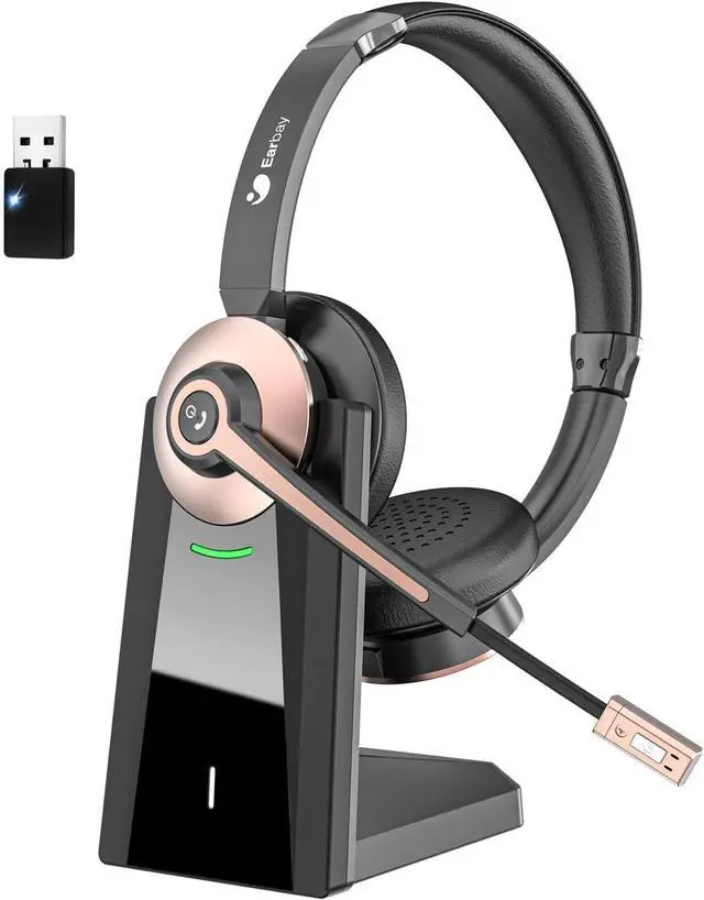 Main image of Wireless Headset with Microphone - Bluetooth Headset with Mic Noise Canceling & Mute, Wireless Headphones with USB Dongle/Charging Dock for Laptop Computer Phone Work Office Teams Conference Call