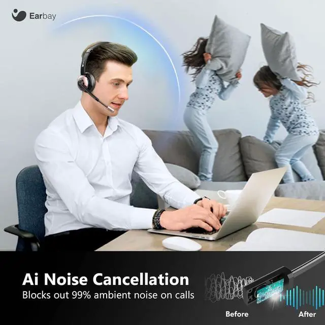 Alt view image 4 of 7 - Wireless Headset with Microphone - Bluetooth Headset with Mic Noise Canceling & Mute, Wireless Headphones with USB Dongle/Charging Dock for Laptop Computer Phone Work Office Teams Conference Call