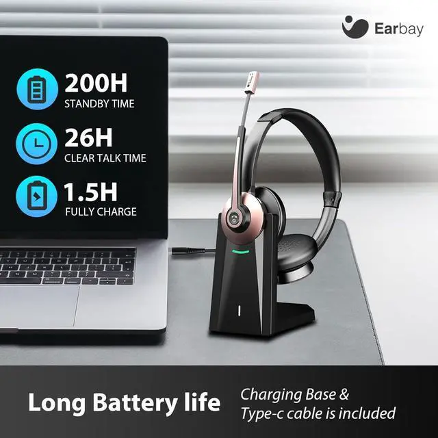 Alt view image 7 of 7 - Wireless Headset with Microphone - Bluetooth Headset with Mic Noise Canceling & Mute, Wireless Headphones with USB Dongle/Charging Dock for Laptop Computer Phone Work Office Teams Conference Call