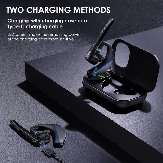 Alt view image 5 of 6 - Bluetooth Headset V5.3, Wireless Earpiece with 1000mAh Charging Case, 96H Talktime, Hands Free Noise Canceling Headphones with Dual-Mic for Computer Cell Phones Trucker Home Work (Blue)