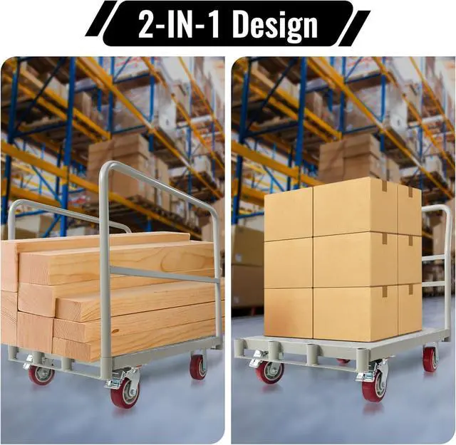 Alt view image 2 of 7 - 2-in-1 Steel Panel Truck Cart, 2200 lbs Heavy Duty Platform Truck Carts with 4 Side Handrails and 4 Swivel Casters, 36" L X 24" W Flatbed Carts Lumber Drywall Cart for Handling and Storage