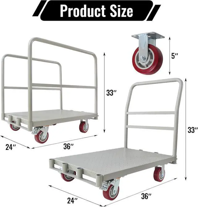 Alt view image 6 of 7 - 2-in-1 Steel Panel Truck Cart, 2200 lbs Heavy Duty Platform Truck Carts with 4 Side Handrails and 4 Swivel Casters, 36" L X 24" W Flatbed Carts Lumber Drywall Cart for Handling and Storage