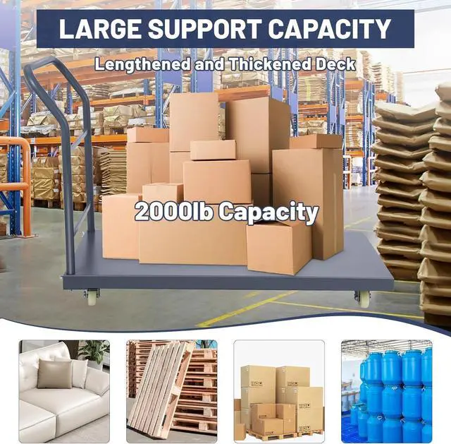Alt view image 2 of 7 - Heavy Duty Platform Truck, 48"x30" Flatbed Cart, 2000 lbs Capacity Steel Flat Dolly with Swivel Wheels, Industrial Utility Push Cart for Warehouse, Luggage, and Moving