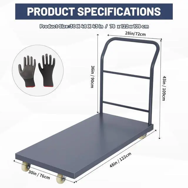 Alt view image 3 of 7 - Heavy Duty Platform Truck, 48"x30" Flatbed Cart, 2000 lbs Capacity Steel Flat Dolly with Swivel Wheels, Industrial Utility Push Cart for Warehouse, Luggage, and Moving