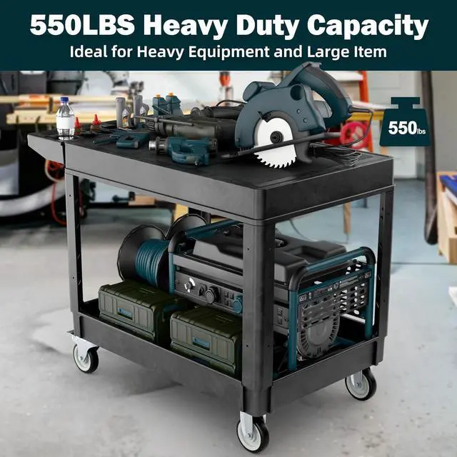 Alt view image 2 of 7 - Flat Top Utility Cart Heavy Duty Flat 2 Shelf Multipurpose Cart 550LBS Capacity Service Cart with Ergonomic Handle Rolling Utility Carts with Wheels for Warehouse Garage Office Storage Transport