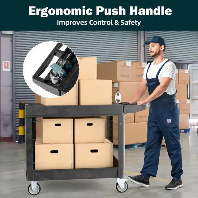 Alt view image 3 of 7 - Flat Top Utility Cart Heavy Duty Flat 2 Shelf Multipurpose Cart 550LBS Capacity Service Cart with Ergonomic Handle Rolling Utility Carts with Wheels for Warehouse Garage Office Storage Transport