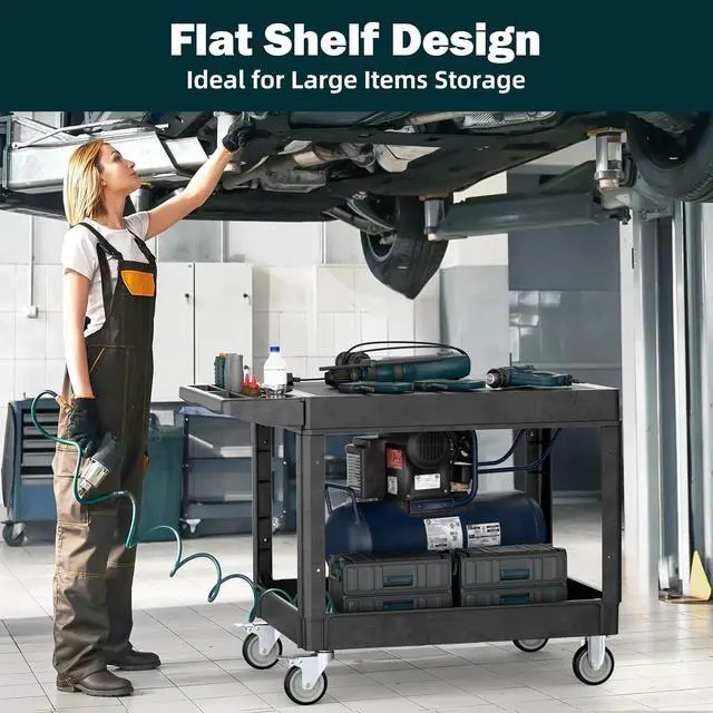 Alt view image 4 of 7 - Flat Top Utility Cart Heavy Duty Flat 2 Shelf Multipurpose Cart 550LBS Capacity Service Cart with Ergonomic Handle Rolling Utility Carts with Wheels for Warehouse Garage Office Storage Transport