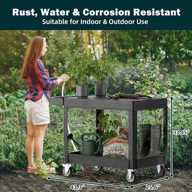Alt view image 7 of 7 - Flat Top Utility Cart Heavy Duty Flat 2 Shelf Multipurpose Cart 550LBS Capacity Service Cart with Ergonomic Handle Rolling Utility Carts with Wheels for Warehouse Garage Office Storage Transport