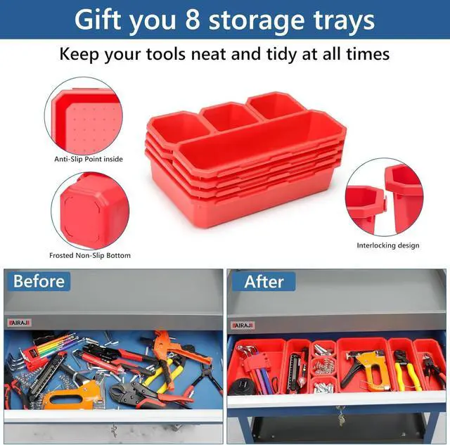 Alt view image 3 of 7 - 3 Tier Rolling Tool Cart on Wheels | Mechanic Tool Cart with Drawers | Utility Carts for Garage,Repair Room,Warehouse Workshop | Work Carts with Hooks,Liners,Tray Dividers,Brake | Blue
