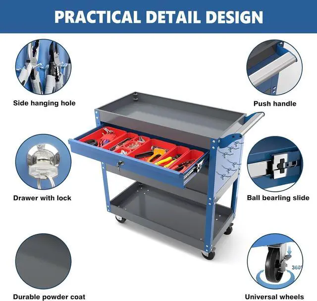 Alt view image 2 of 7 - 3 Tier Rolling Tool Cart on Wheels | Mechanic Tool Cart with Drawers | Utility Carts for Garage,Repair Room,Warehouse Workshop | Work Carts with Hooks,Liners,Tray Dividers,Brake | Blue