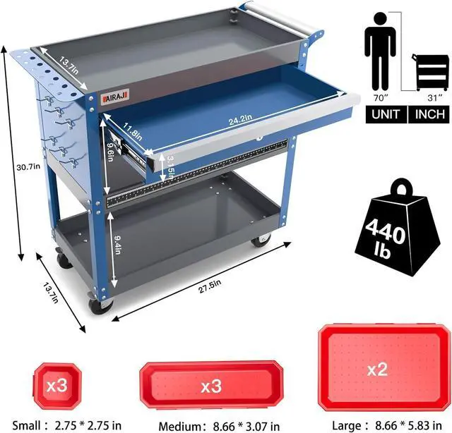 Alt view image 5 of 7 - 3 Tier Rolling Tool Cart on Wheels | Mechanic Tool Cart with Drawers | Utility Carts for Garage,Repair Room,Warehouse Workshop | Work Carts with Hooks,Liners,Tray Dividers,Brake | Blue