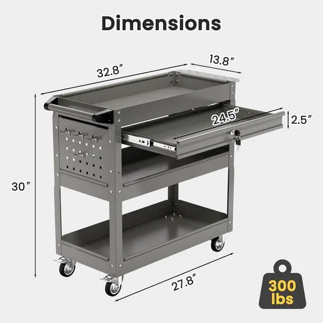 Alt view image 6 of 7 - 3-Tier Tool Cart, Heavy Duty Utility Cart on Wheels, 330Lb. Load, Mechanic Tool Storage with Drawers, Metal Rolling Tool Cart, for Warehouse, Garage Storage, The Repair Shop (Grey)