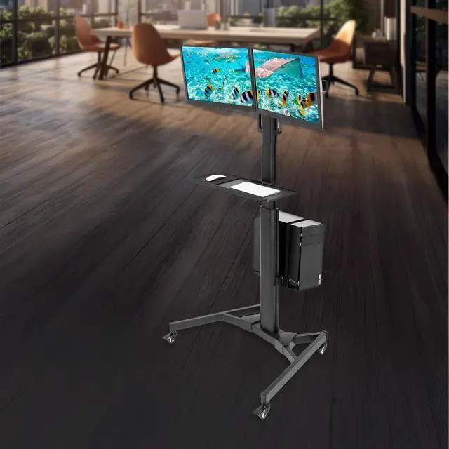 Alt view image 2 of 7 - Dual Monitor Computer Cart  Mobile Standing Desk with Wheels, Rolling Workstation with Keyboard Tray, CPU Holder, and Adjustable Screen Mount for Office, Medical, or Warehouse
