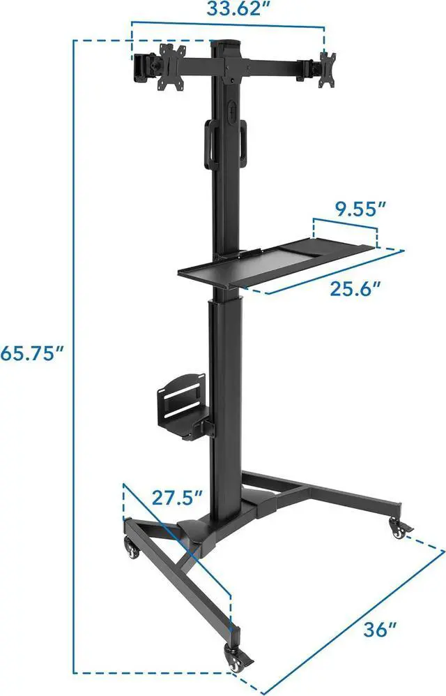 Alt view image 3 of 7 - Dual Monitor Computer Cart  Mobile Standing Desk with Wheels, Rolling Workstation with Keyboard Tray, CPU Holder, and Adjustable Screen Mount for Office, Medical, or Warehouse