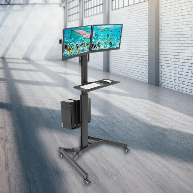 Alt view image 6 of 7 - Dual Monitor Computer Cart  Mobile Standing Desk with Wheels, Rolling Workstation with Keyboard Tray, CPU Holder, and Adjustable Screen Mount for Office, Medical, or Warehouse