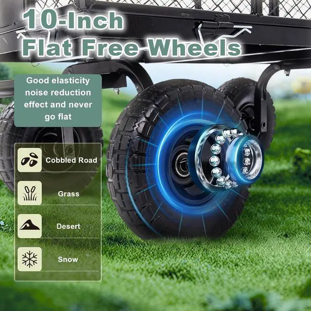 Alt view image 2 of 7 - Garden Wagon Cart Heavy Duty 900 LBS Steel Utility Cart with All-Terrains 3.50-4" Solid Wheels 10" Tires, 180° Rotating Handle, Removable Sides, Laser-Welded Frame & Multi-Surface
