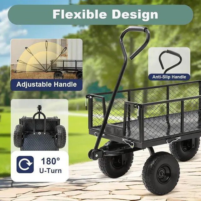 Alt view image 3 of 7 - Garden Wagon Cart Heavy Duty 900 LBS Steel Utility Cart with All-Terrains 3.50-4" Solid Wheels 10" Tires, 180° Rotating Handle, Removable Sides, Laser-Welded Frame & Multi-Surface