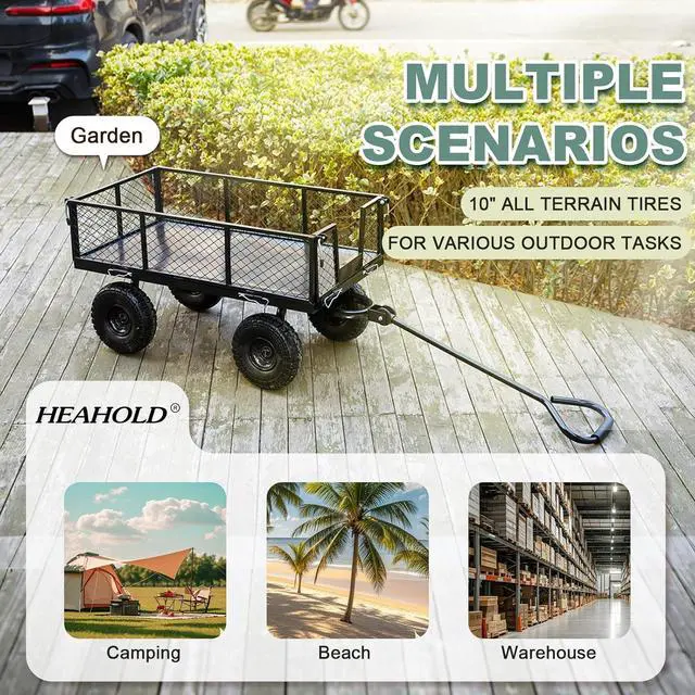 Alt view image 5 of 7 - Garden Wagon Cart Heavy Duty 900 LBS Steel Utility Cart with All-Terrains 3.50-4" Solid Wheels 10" Tires, 180° Rotating Handle, Removable Sides, Laser-Welded Frame & Multi-Surface
