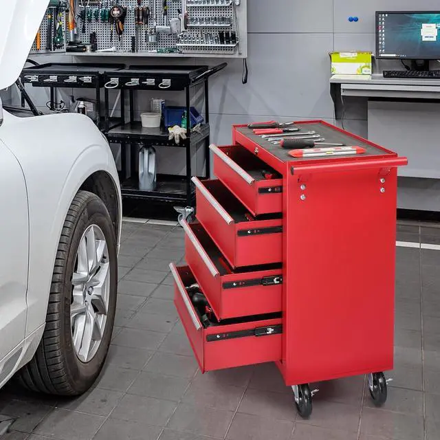 Alt view image 2 of 7 - 4-Drawer Tool Chest with Wheels & Lock & Key, Heavy Duty Cart Rolling Tool Box on Wheels, Metal Storage Cabinet, Rolling Tool Cart with Drawers for Garage, Warehouse & Repair Shop (Red)