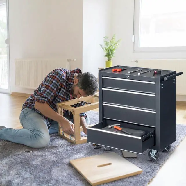 Alt view image 2 of 6 - 4-Drawer Tool Chest with Wheels & Lock & Key, Heavy Duty Cart Rolling Tool Box on Wheels, Metal Storage Cabinet, Rolling Tool Cart with Drawers for Garage, Warehouse & Repair Shop