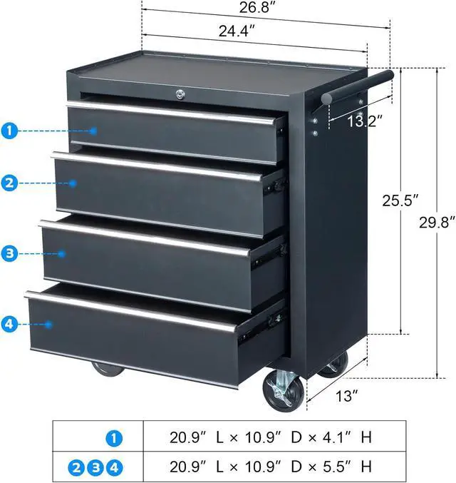 Alt view image 3 of 6 - 4-Drawer Tool Chest with Wheels & Lock & Key, Heavy Duty Cart Rolling Tool Box on Wheels, Metal Storage Cabinet, Rolling Tool Cart with Drawers for Garage, Warehouse & Repair Shop