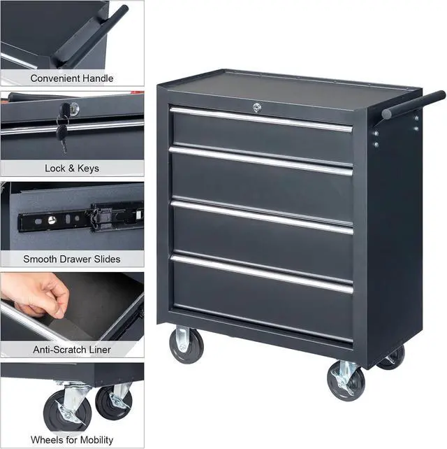 Alt view image 4 of 6 - 4-Drawer Tool Chest with Wheels & Lock & Key, Heavy Duty Cart Rolling Tool Box on Wheels, Metal Storage Cabinet, Rolling Tool Cart with Drawers for Garage, Warehouse & Repair Shop